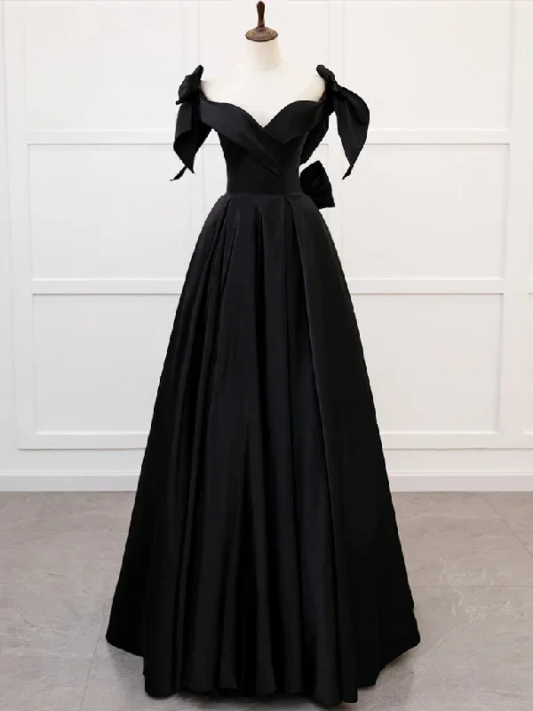 Simple A-Line Sweetheart neck Satin Black Long Prom Dress. Black Long Formal Dress