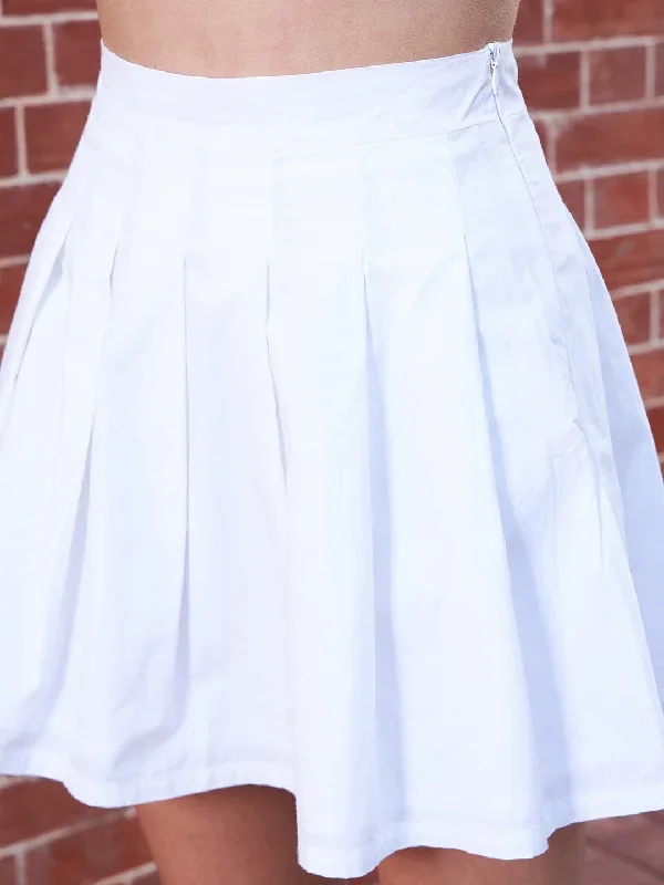 sk3547wh-berrylush-women-solid-white-elastic-waistband-cotton-slip-on-pleated-mini-skirt