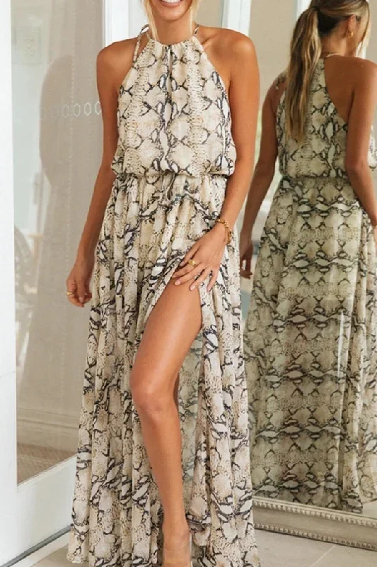 Sleeveless Halter Neck Side Slit Dress