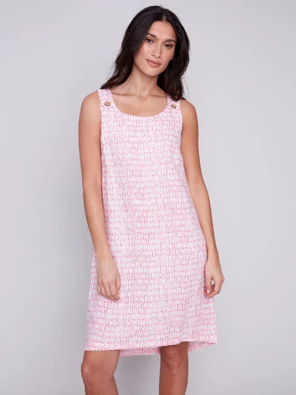 Sleeveless Printed A-Line Linen Dress - Flamingo