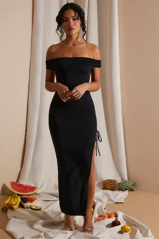 solange-off-the-shoulder-side-ruching-high-slit-maxi-dress-black