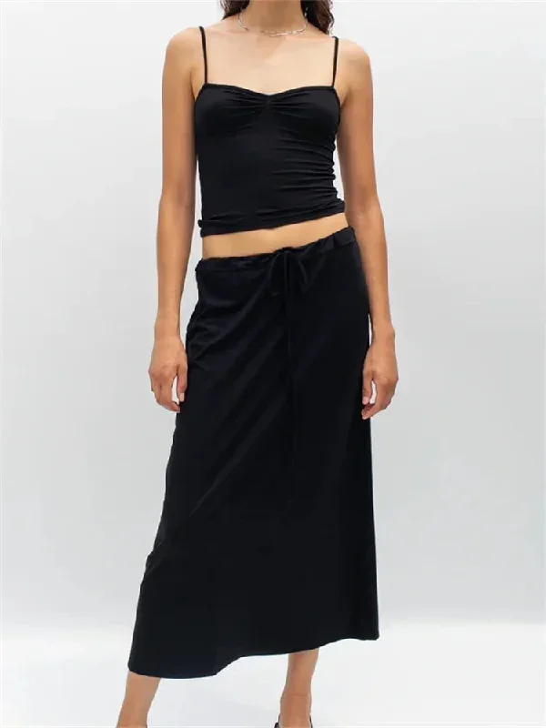 solid-color-ruched-camis-tops-drawstring-long-skirts-suits