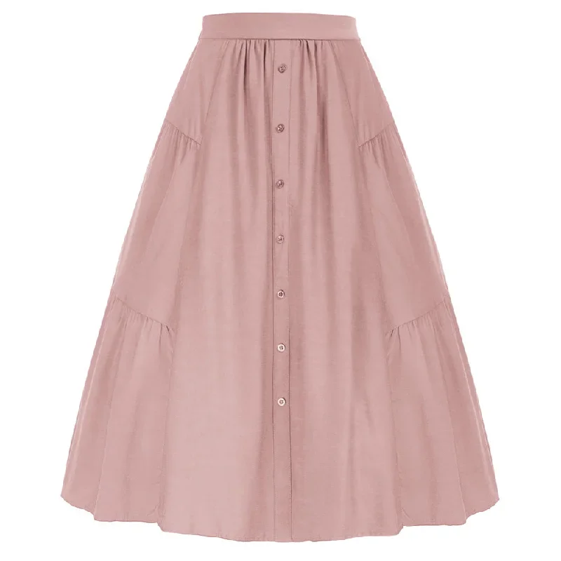 solid-color-tiered-swing-skirt-high-waist-button-decorated-a-line-skirt