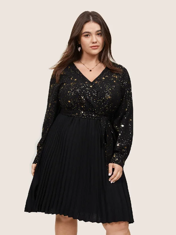 Star Glitter Belted Pleated Wrap Dress