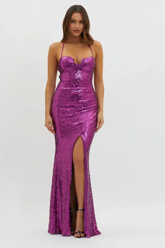 Starry Eyes Lace-Up Back Sequin Maxi Dress Magenta