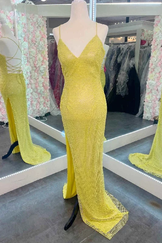 Straps Yellow Rhinestone Grid Slit Long Prom Dress