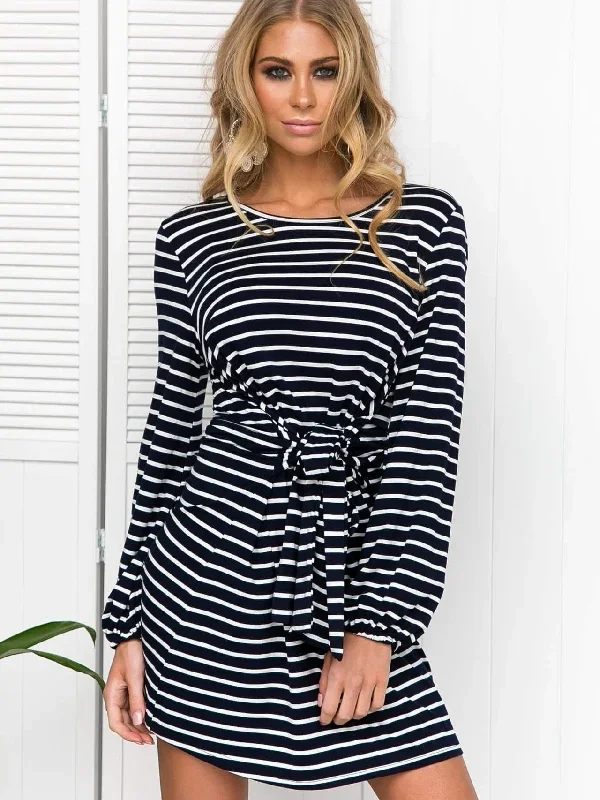 JuliaFashion - 2024 Stripe Boat Neck Slouchy Mini Dress