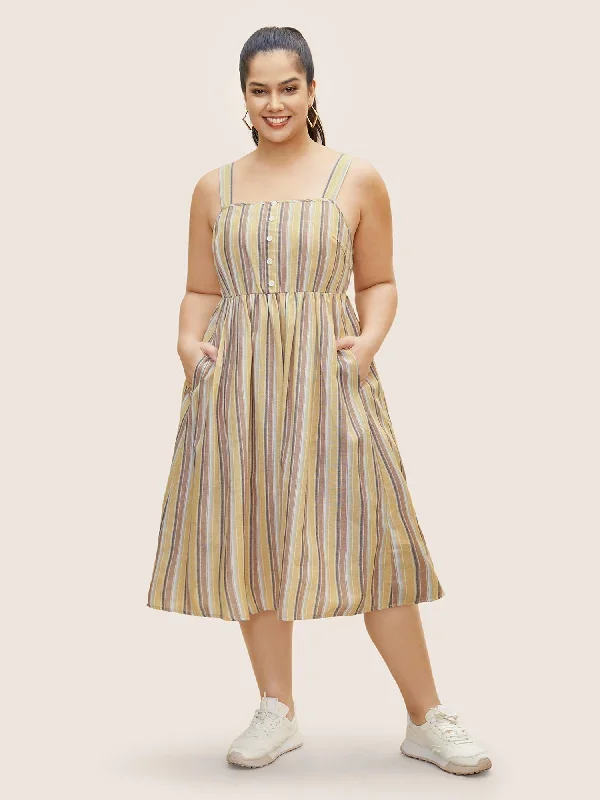 Striped Elastic Waist Button Detail Dress