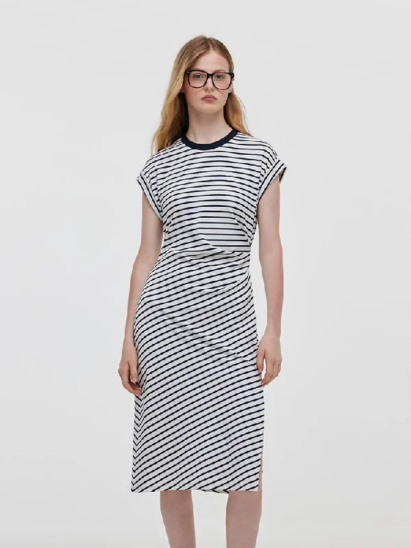 Striped Slit Ruched Women Midi Dress