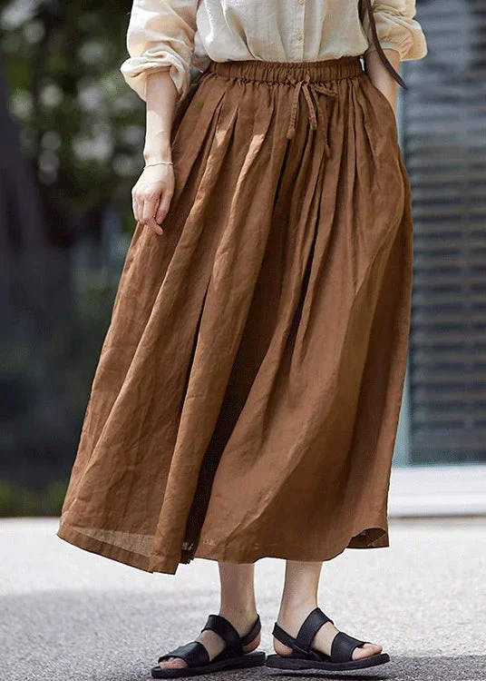 stylish-brown-pockets-wrinkled-elastic-waist-cotton-skirt-spring