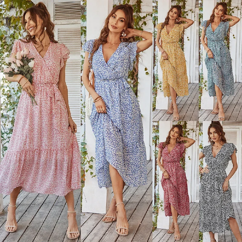 Summer Dresses Ruffle Cap Sleeve V Neck Belt Wrap Split Boho Floral Long Casual Party Beach Dress