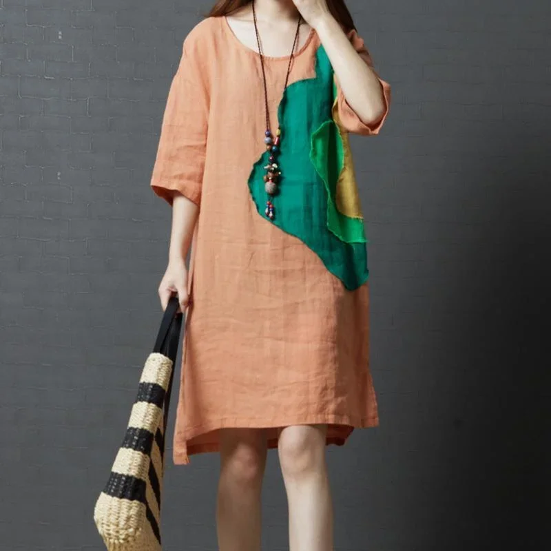 summer orange casual linen sundress oversize appliques women dresses o neck traveing dress