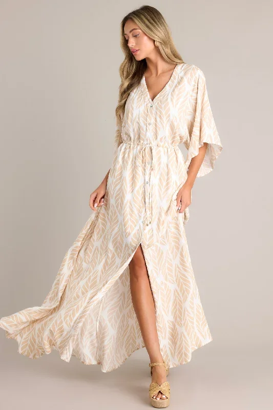 Sunset Palms Beige Tropical Print Button Front Maxi Dress