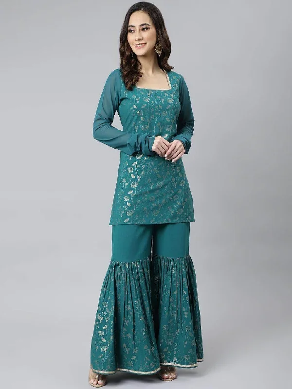 Teal Crepe Gold Print Kurta with Gharara