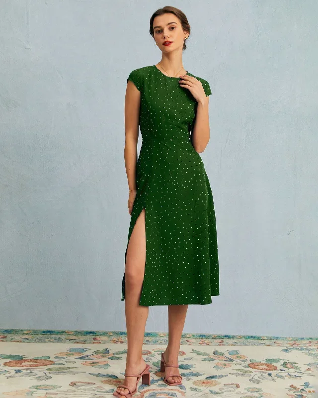 The Green Round Neck Polka Dot Cutout Midi Dress