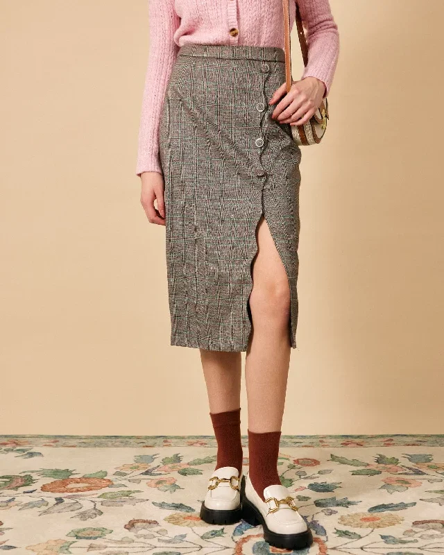 The High Waisted Side Slit Plaid Midi Skirt