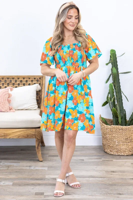 turquoise-and-orange-floral-smocked-dress