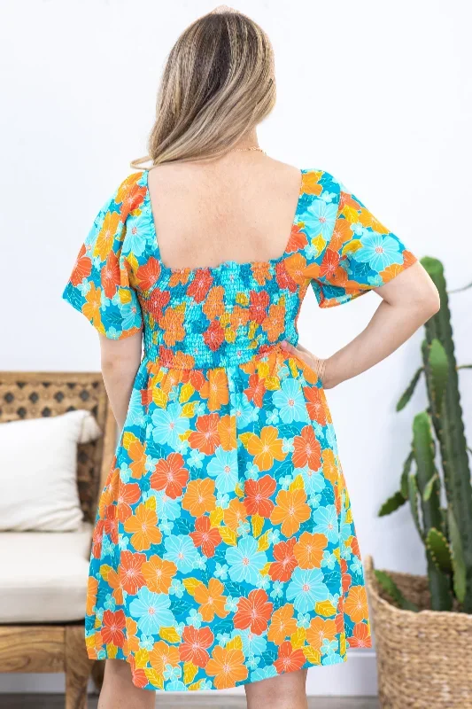 turquoise-and-orange-floral-smocked-dress