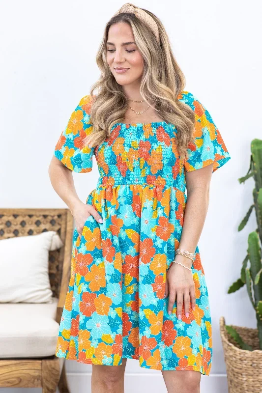 turquoise-and-orange-floral-smocked-dress