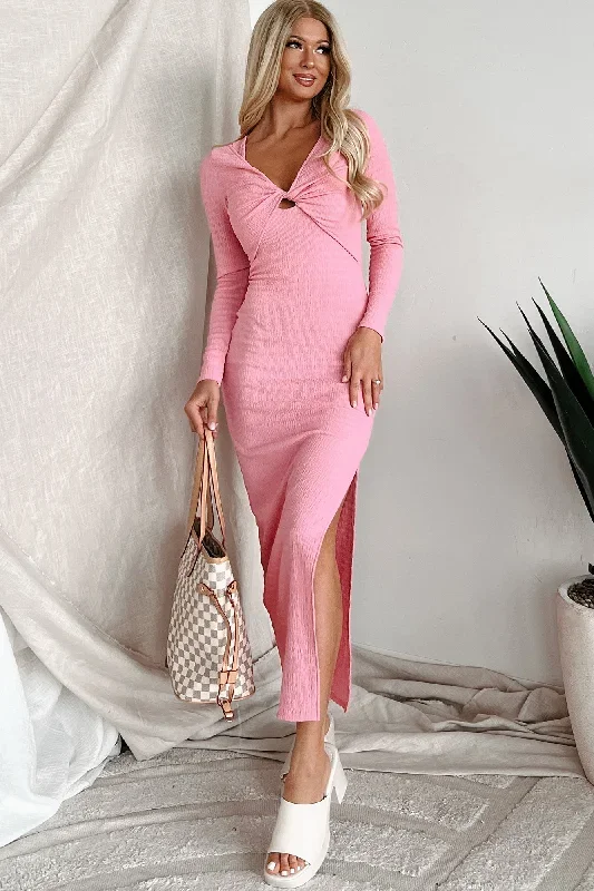 Twisted Psyche Twist-Front Long Sleeve Maxi Dress (Pink)