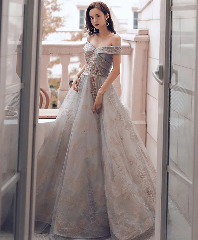 Unique Sweetheart Off Shoulder Lace Long Prom Dress Tulle Evening Dress