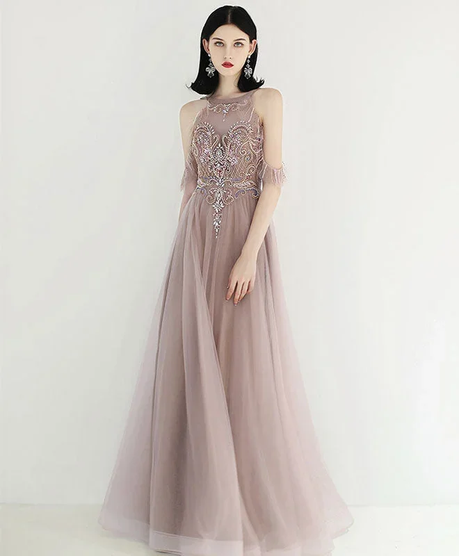 Unique Tulle Beads Long Prom Dress, Tulle Formal Dress