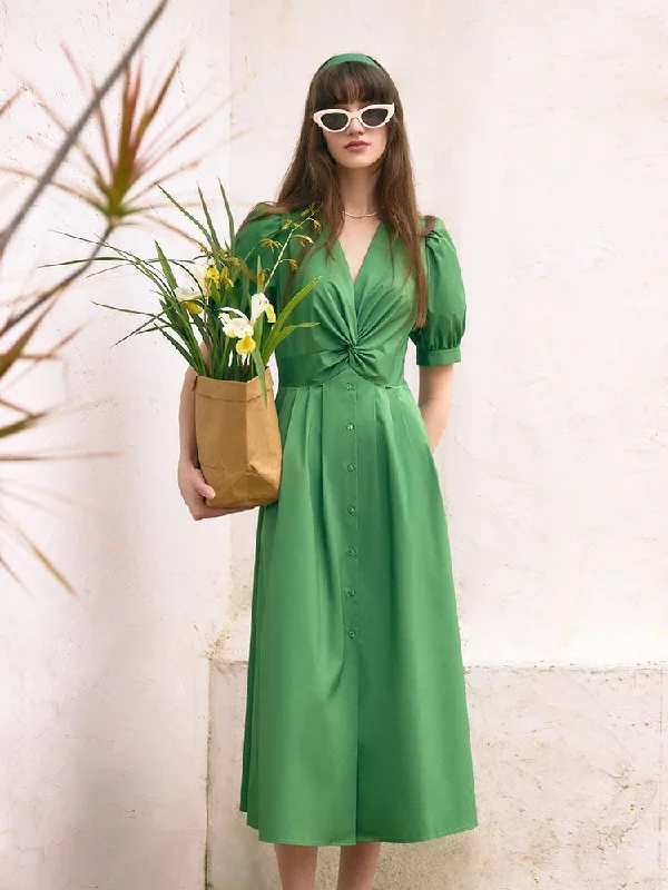 V-Neck Knotted Women Midi Dress