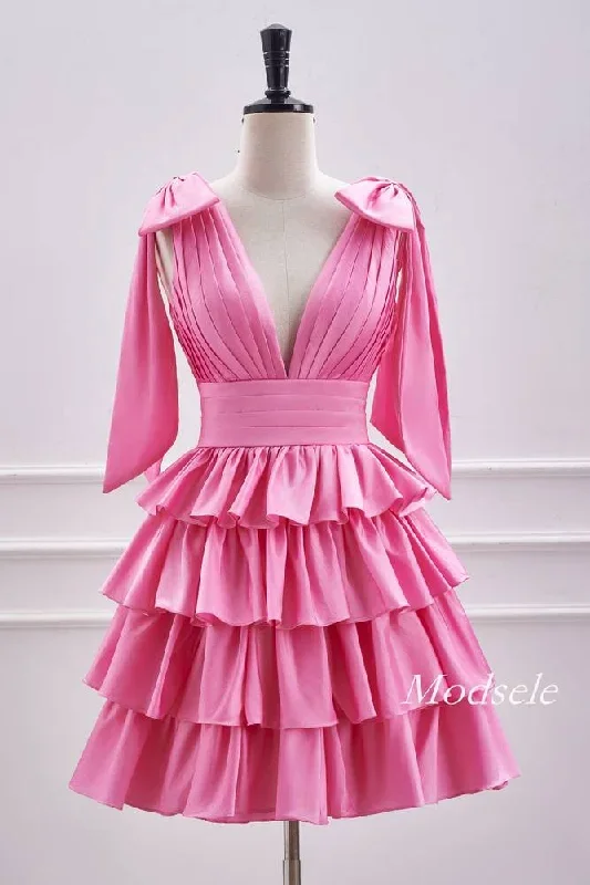 V-Neck Pink Pleated Ruffle Homecoming Dress