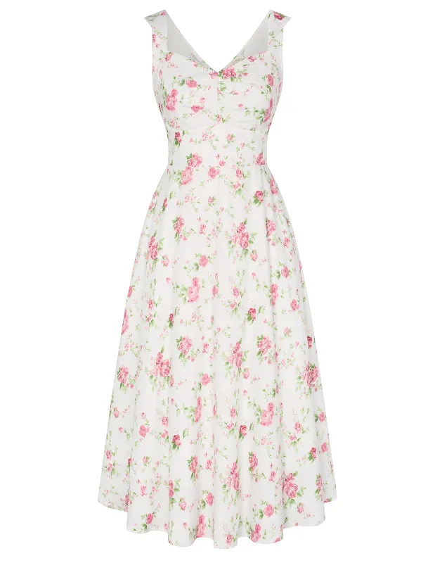 Vintage Floral Patterns 1950s Cocktail Swing Dresses Summer Square Neck Sleeveless A-Line Midi Dress with Pockets