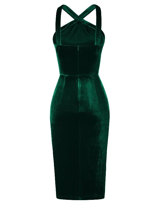 vintage-front-slit-velvet-dress-halterneck-ruched-bodycon-dress