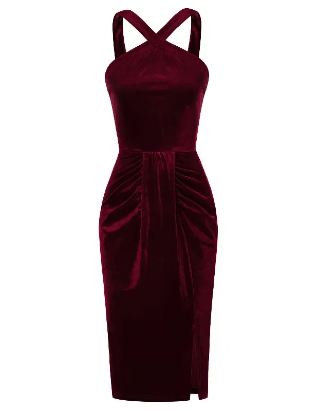 vintage-front-slit-velvet-dress-halterneck-ruched-bodycon-dress