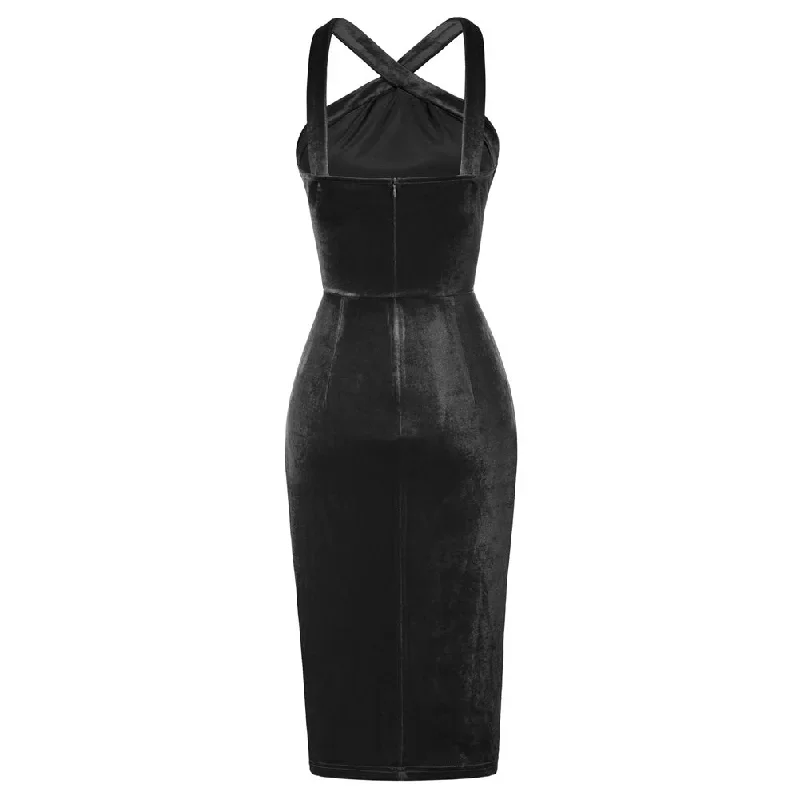 vintage-front-slit-velvet-dress-halterneck-ruched-bodycon-dress