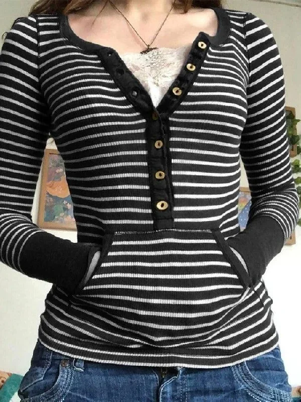 Vintage Striped Button Front Ribbed Knit Top