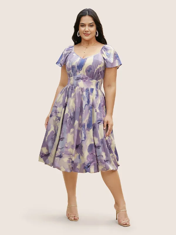 Watercolor Floral Ruffles Shirred Gathered Dress