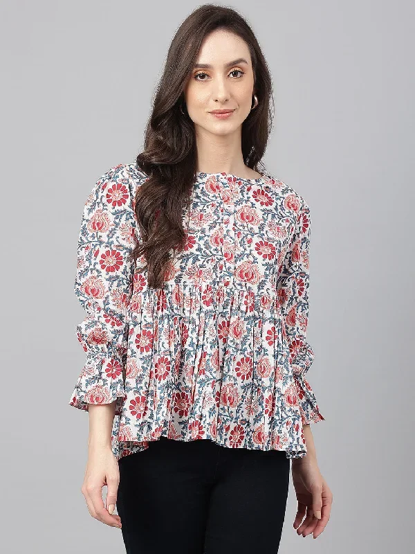 White Cotton Floral Print Flared Top