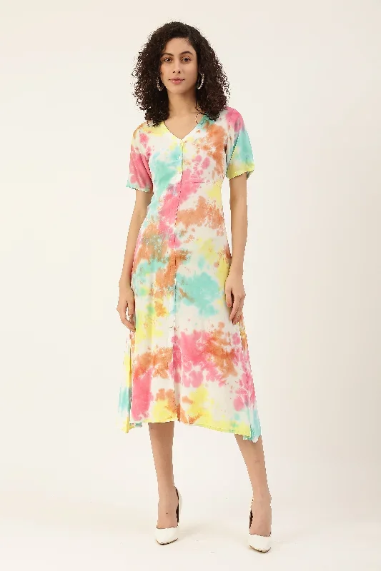 White  Yellow Tie Dye  Rayon A-Line Midi Dress