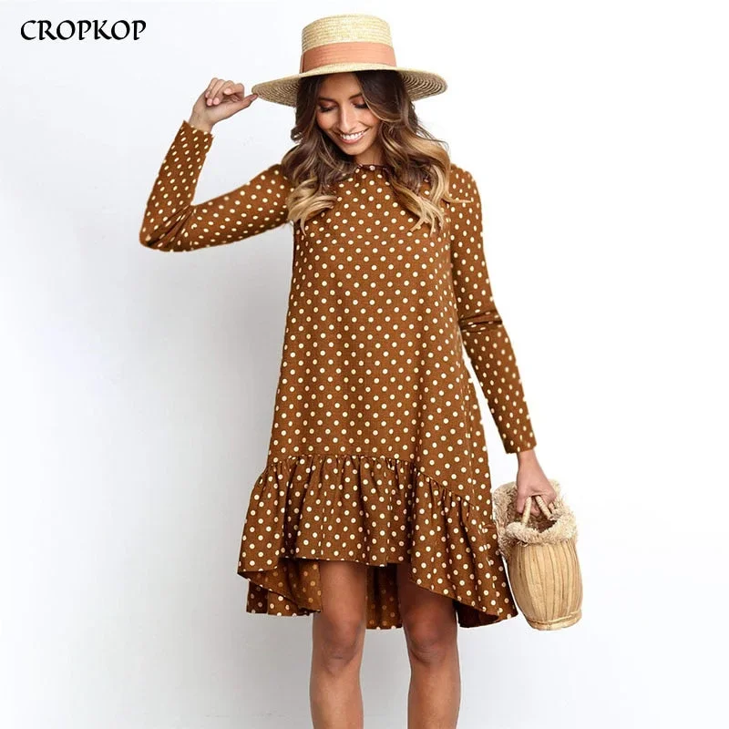 Women Autumn Dress Fashion Polka Dot Chiffon Dress Long Sleeve O Neck Ruffle Female Casual Yellow Dress 2020 Retro Vestido Mujer