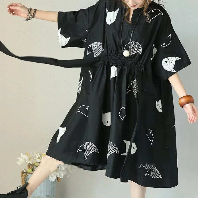 women black cotton baggy dresses casual dress vintage half sleeve print v neck tie waist