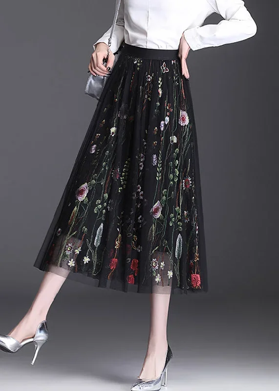 women-black-embroidered-elastic-waist-tulle-skirt-summer