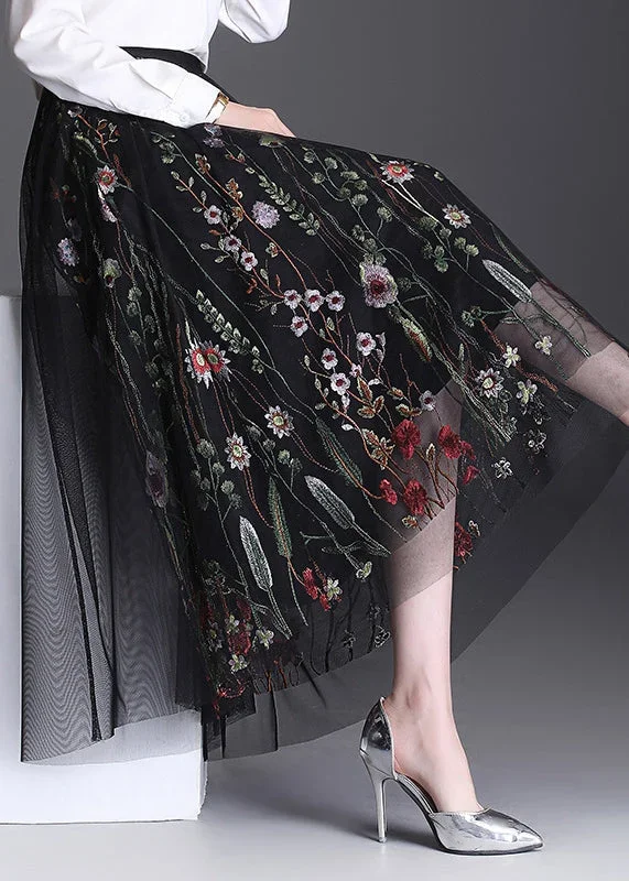 women-black-embroidered-elastic-waist-tulle-skirt-summer