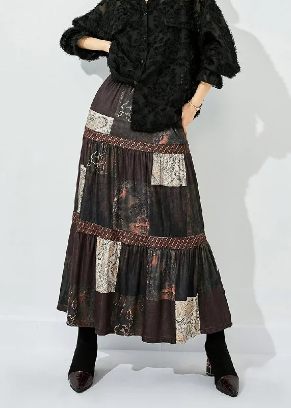 women-brown-print-patchwork-wrinkled-silk-skirts-summer