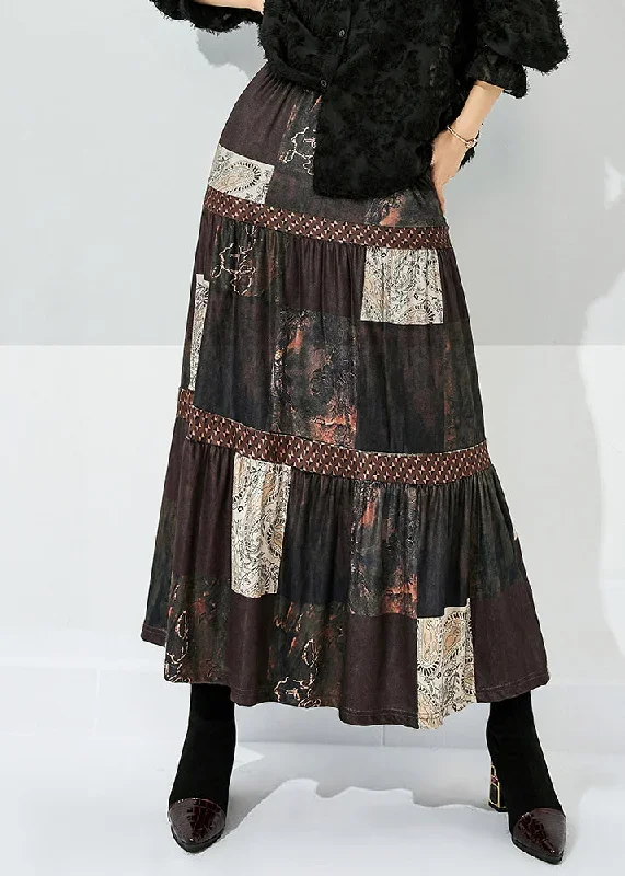 women-brown-print-patchwork-wrinkled-silk-skirts-summer