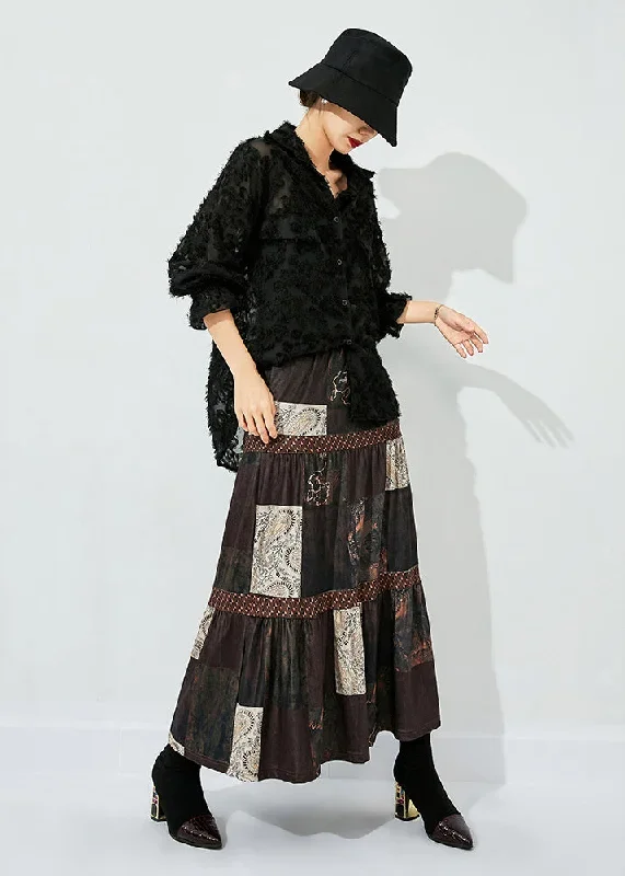 women-brown-print-patchwork-wrinkled-silk-skirts-summer