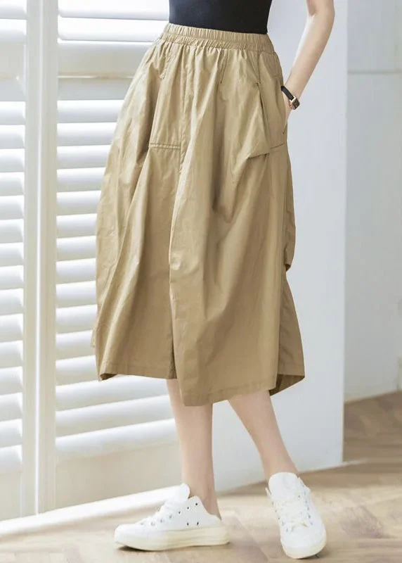 women-khaki-pockets-elastic-waist-cotton-skirt-spring