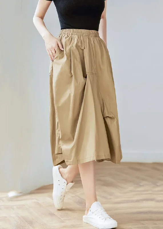 women-khaki-pockets-elastic-waist-cotton-skirt-spring