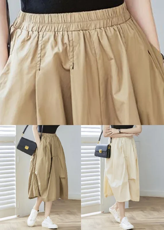 women-khaki-pockets-elastic-waist-cotton-skirt-spring