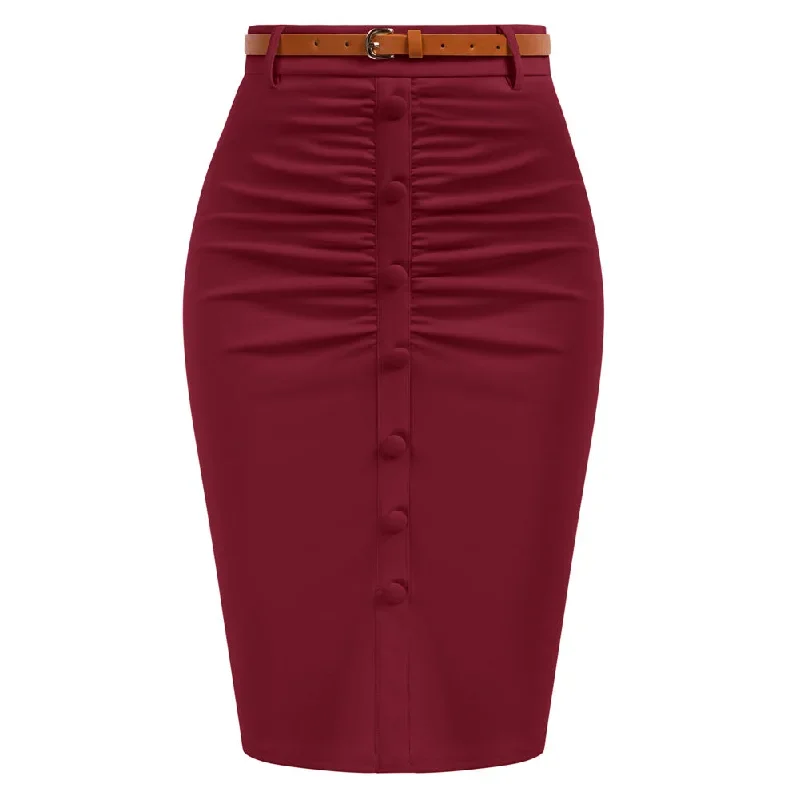 women-vintage-high-waist-front-slit-knee-length-ruched-pencil-skirt-with-belt