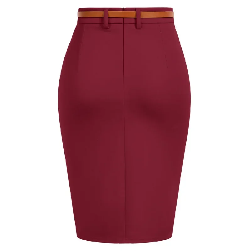 women-vintage-high-waist-front-slit-knee-length-ruched-pencil-skirt-with-belt