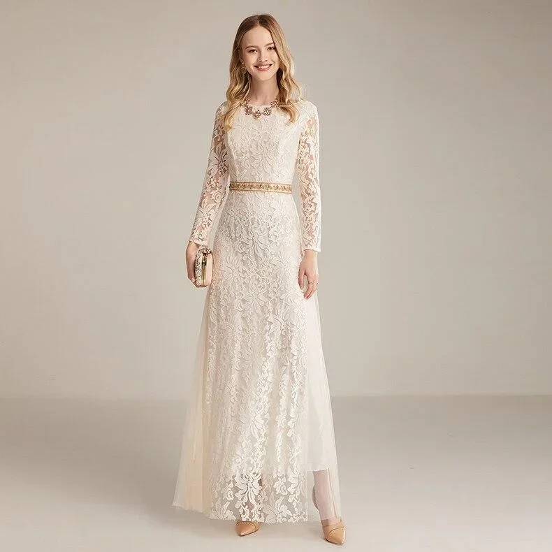 FashionSierra - Long Sleeves Embroidery Lace Beaded Waist Elegant Fahion Maxi Dress