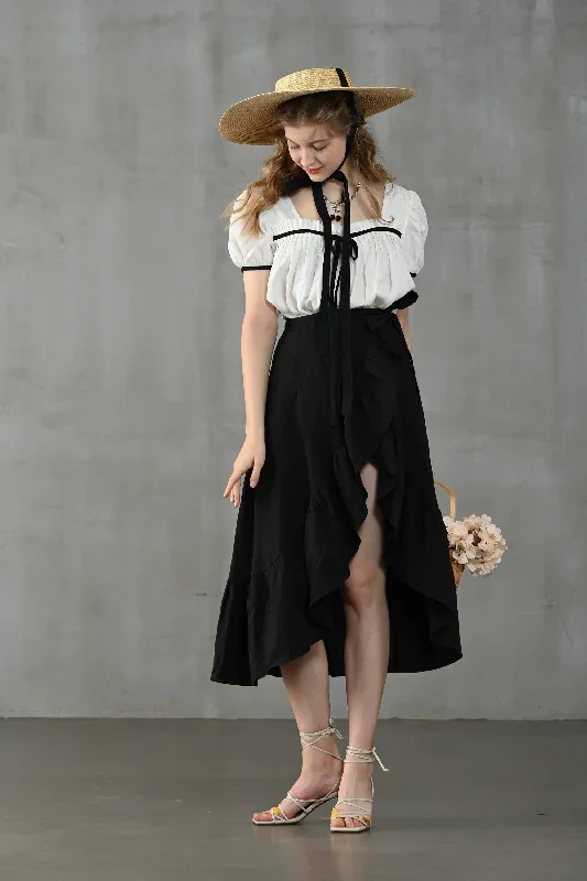 wrap-linen-skirt-in-black-ruffled-linen-skirt-front-slit-linen-skirt-flared-linen-skirt-a-line-skirt-linennaive